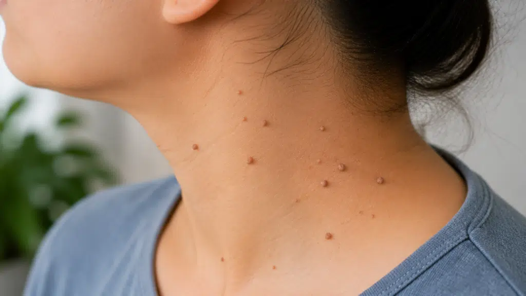 Close-up of a filiform wart on the neck, a common type of skin growth