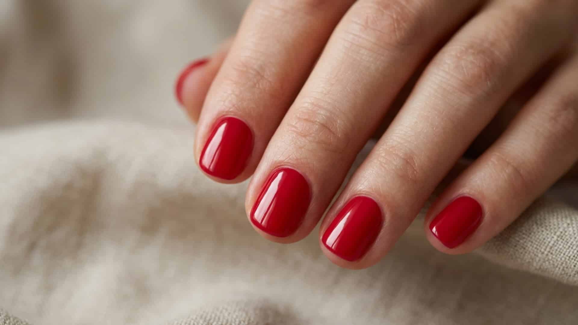Close-up of a hand showcasing a glossy red manicure against a textured, neutral fabric backdrop