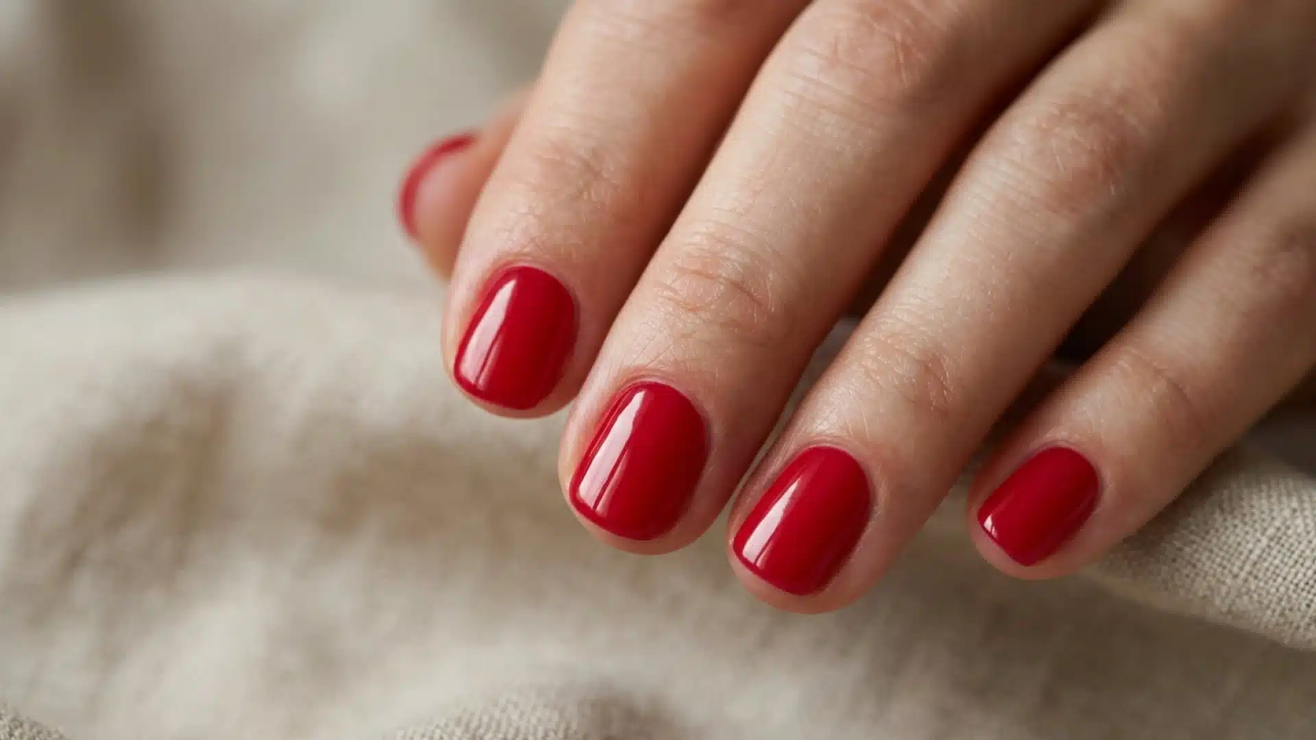 Close-up of a hand showcasing a glossy red manicure against a textured, neutral fabric backdrop