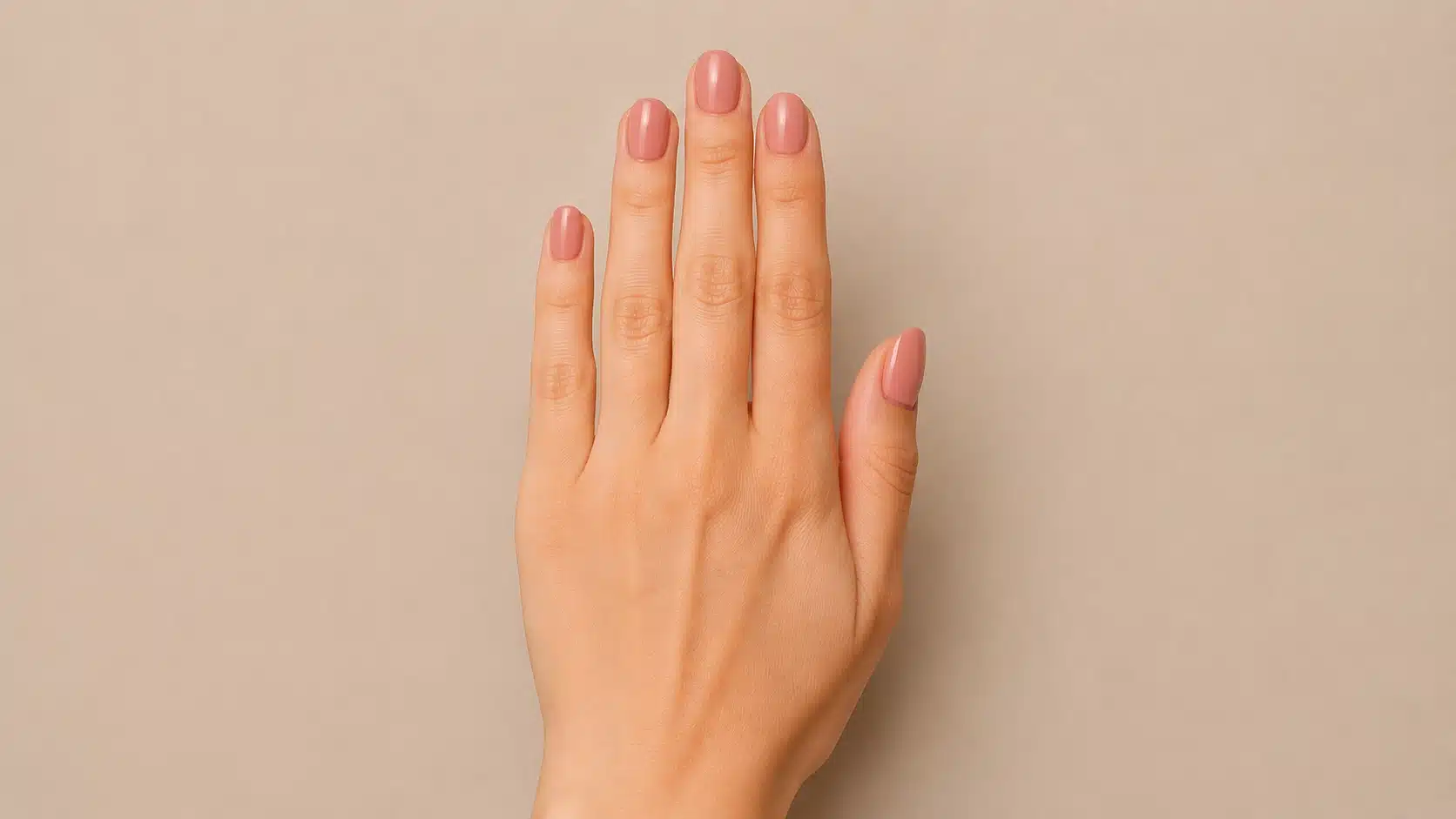Close-up of a hand with glossy nude-pink round-shaped nails featuring softly curved edges and rounded tips