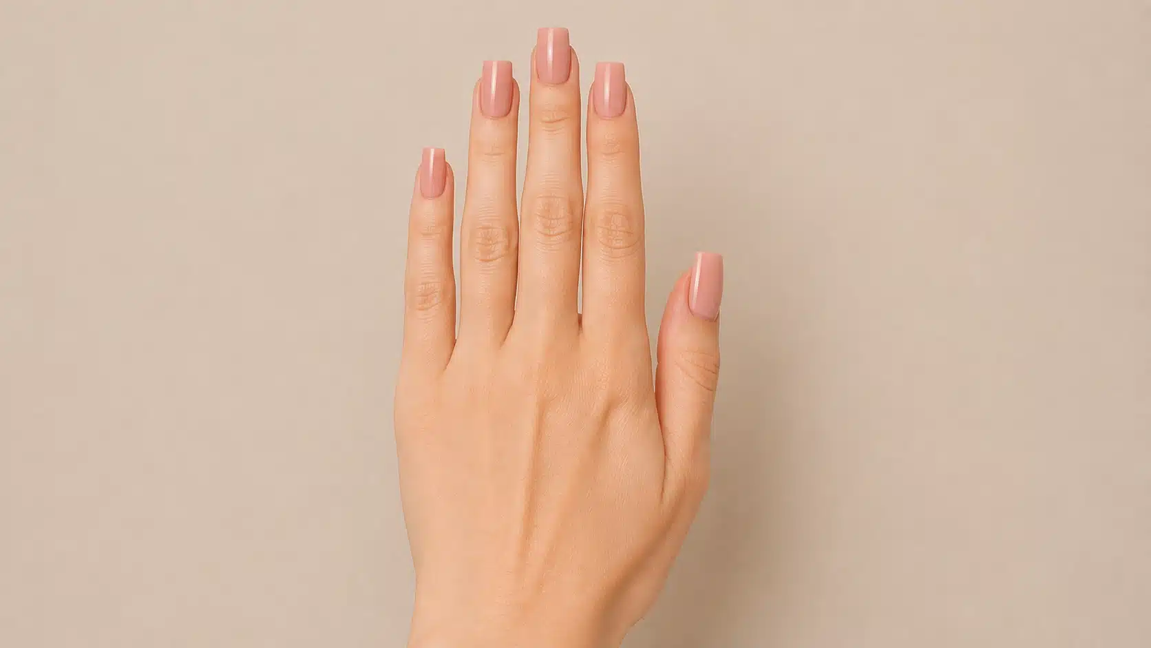 Close-up of a hand with glossy nude-pink square-shaped nails featuring straight sides and flat, crisp tips.