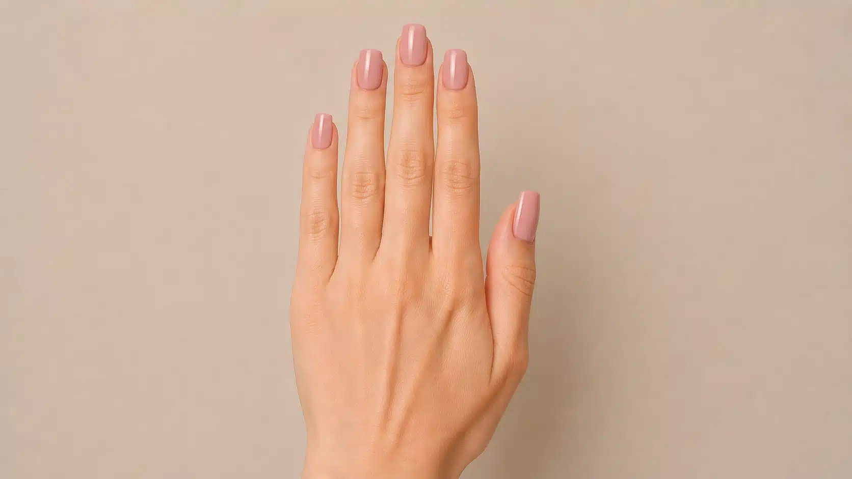 Close-up of a hand with glossy nude-pink squoval nails featuring straight sides and softly rounded corners