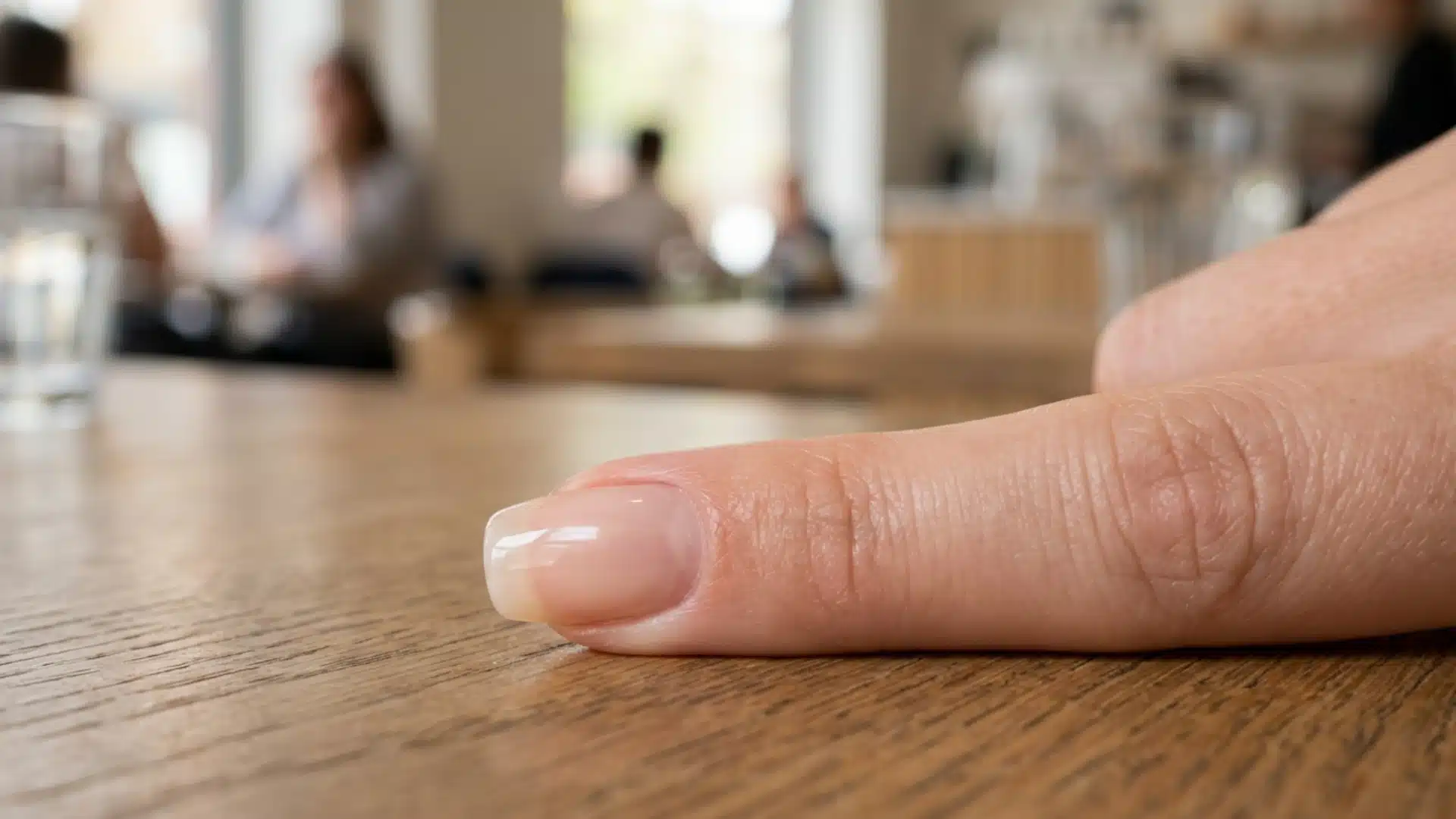 Close-up of a squoval nail shape combining a flat tip with softly rounded corners