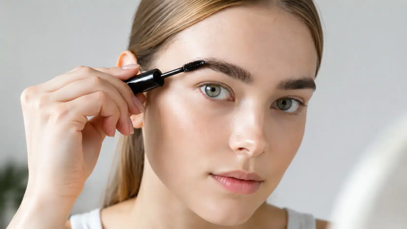 close up of a woman applying eyebrow tint with a spoolie brush for a natural beauty routine