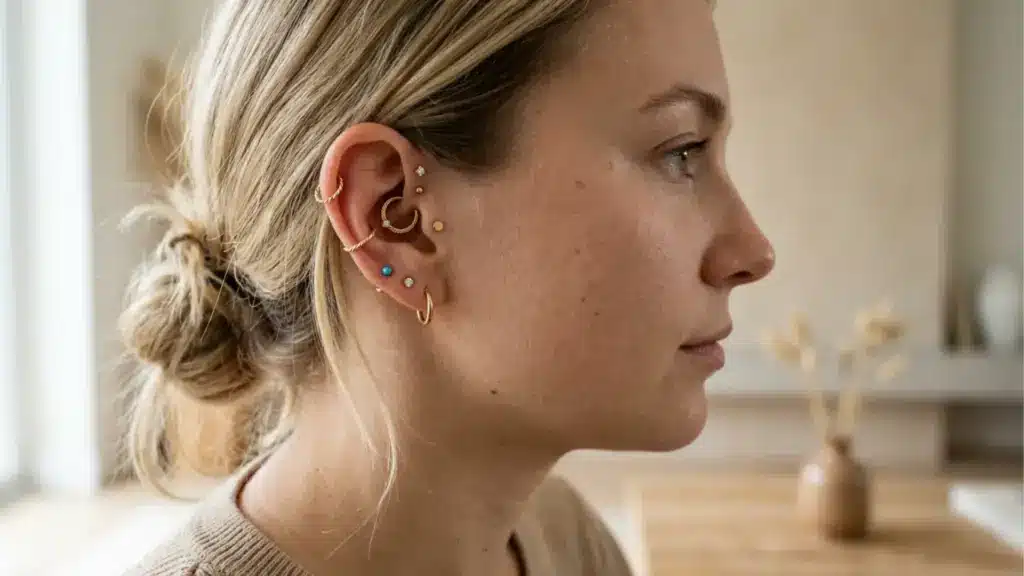 Close-up of an ear with multiple stylish piercings, including lobe, helix, tragus, and conch jewelry