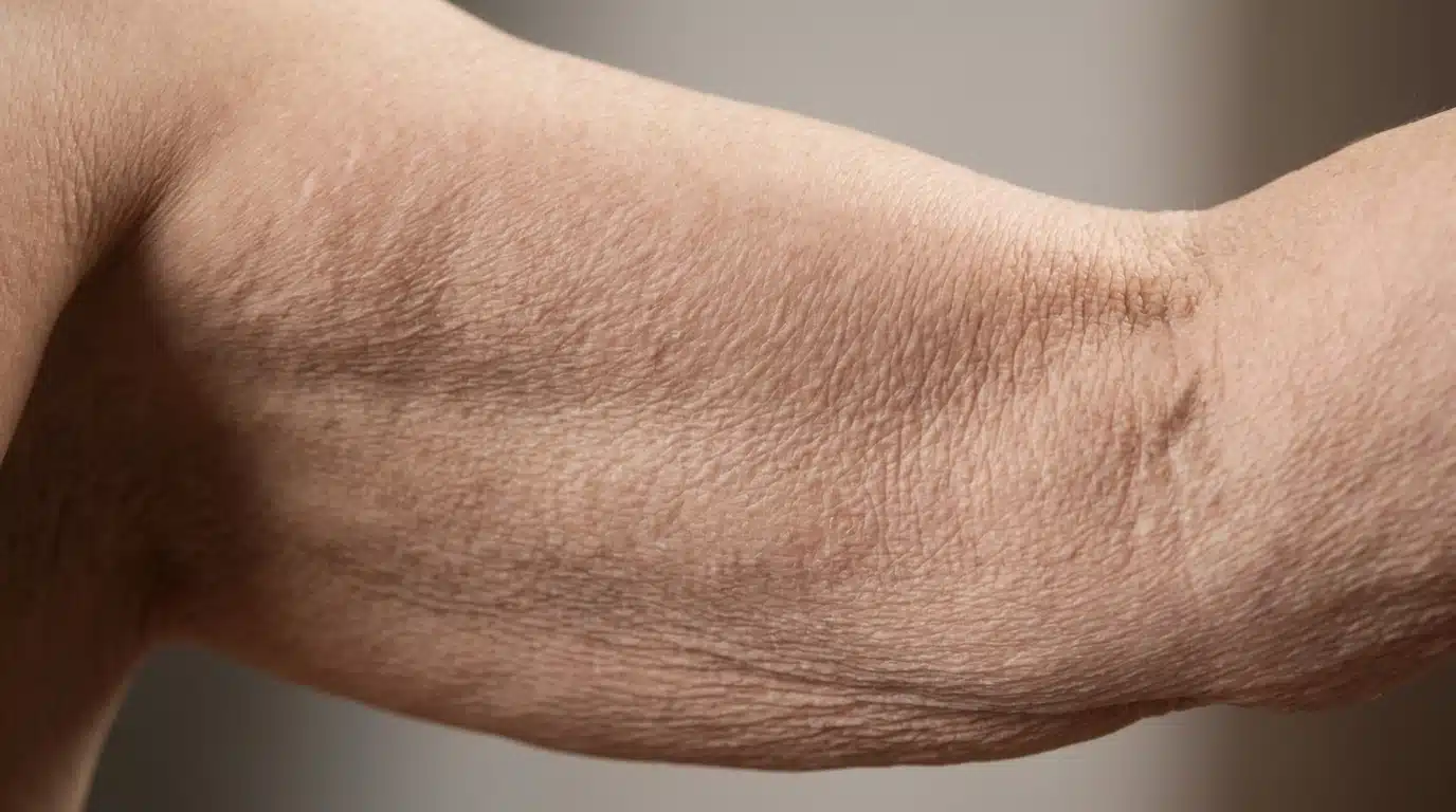 close up of arm with crepey skin texture showing fine wrinkles dryness and reduced skin elasticity