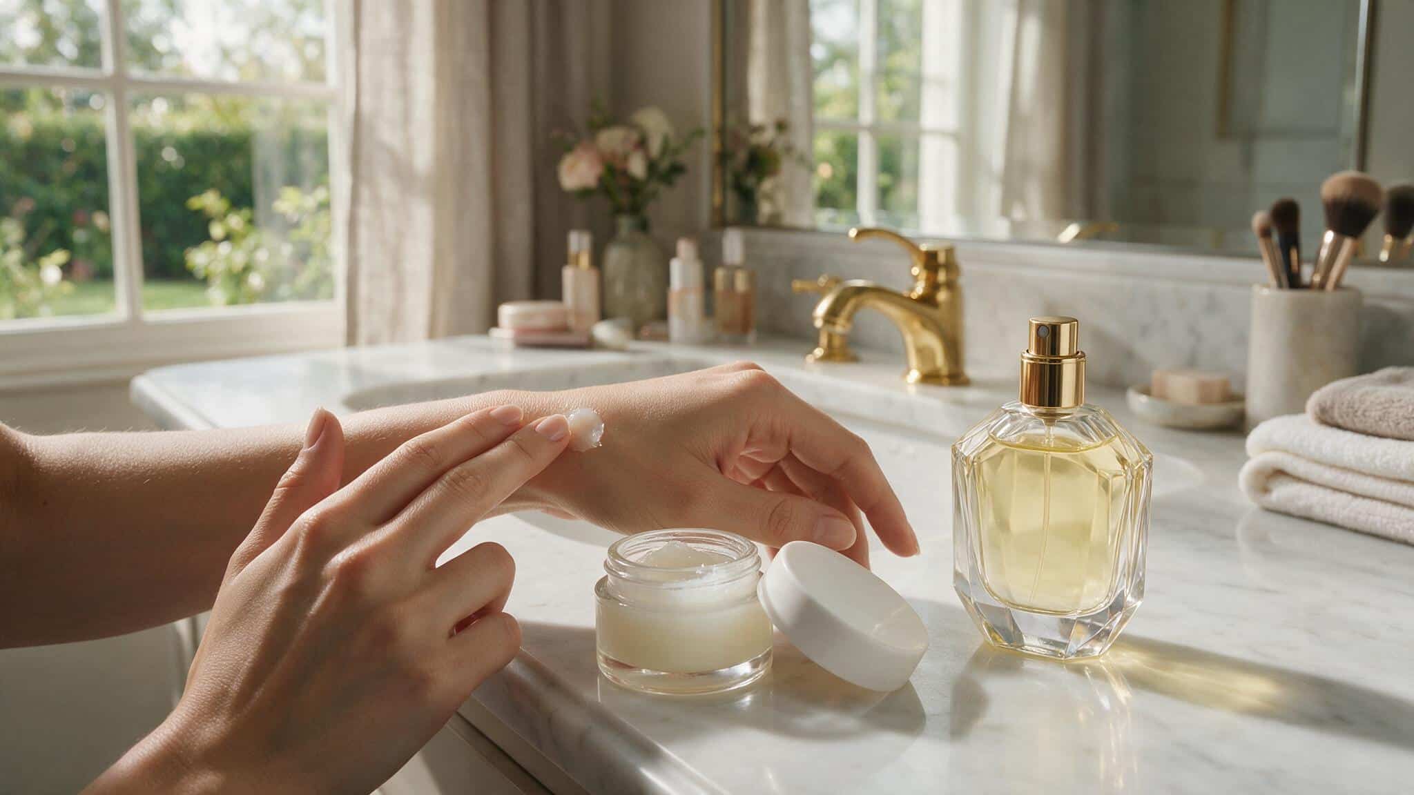 close up of hands scooping petroleum jelly from a small skincare container for lip care use