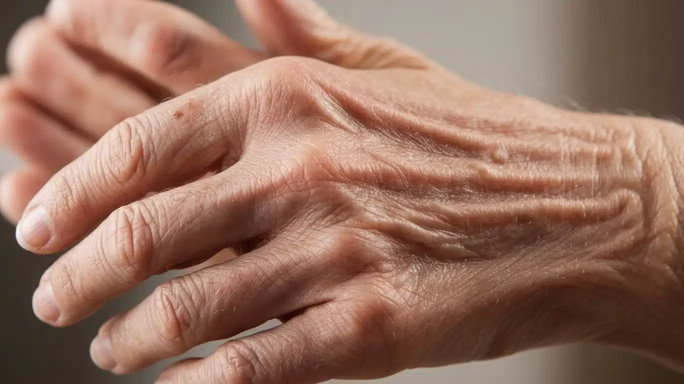 close up of older hand showing crepey skin texture fine wrinkles visible veins and natural aging details