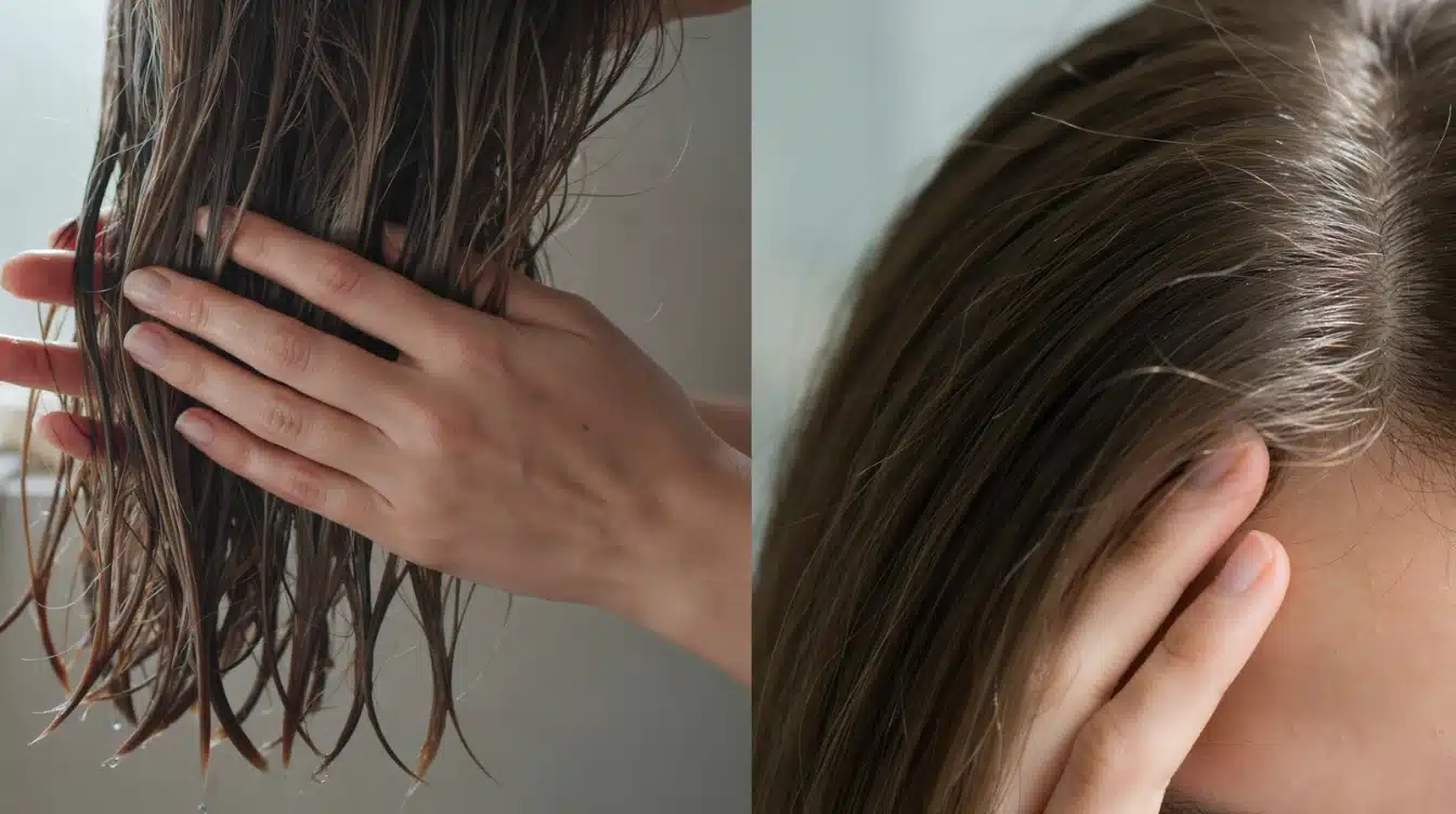 close up of wet hair strands showing natural texture and scalp detail during hair type check