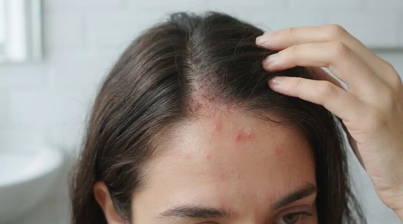 close up scalp showing mild irritation near hairline with realistic skin texture and natural hair roots