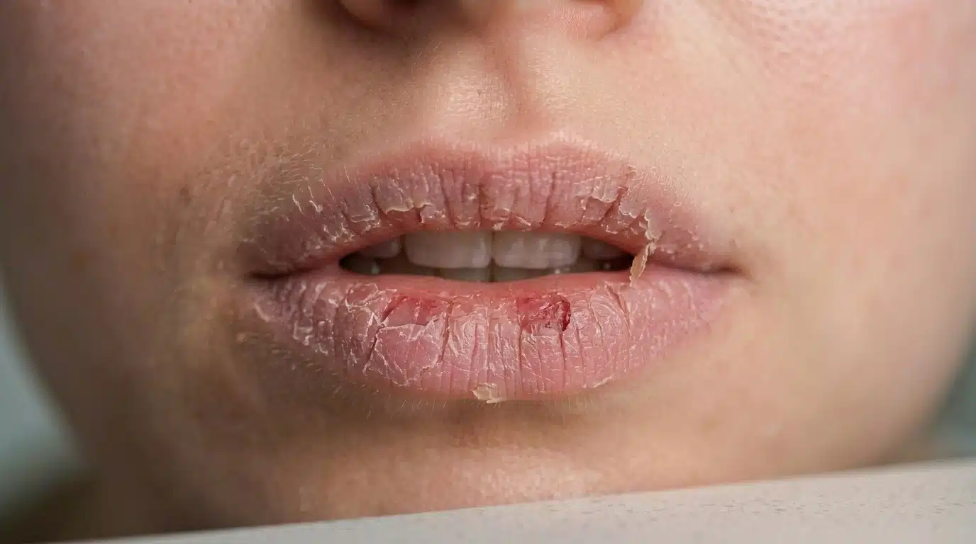 close up view of dry chapped lips with peeling skin showing signs of dehydration and irritation
