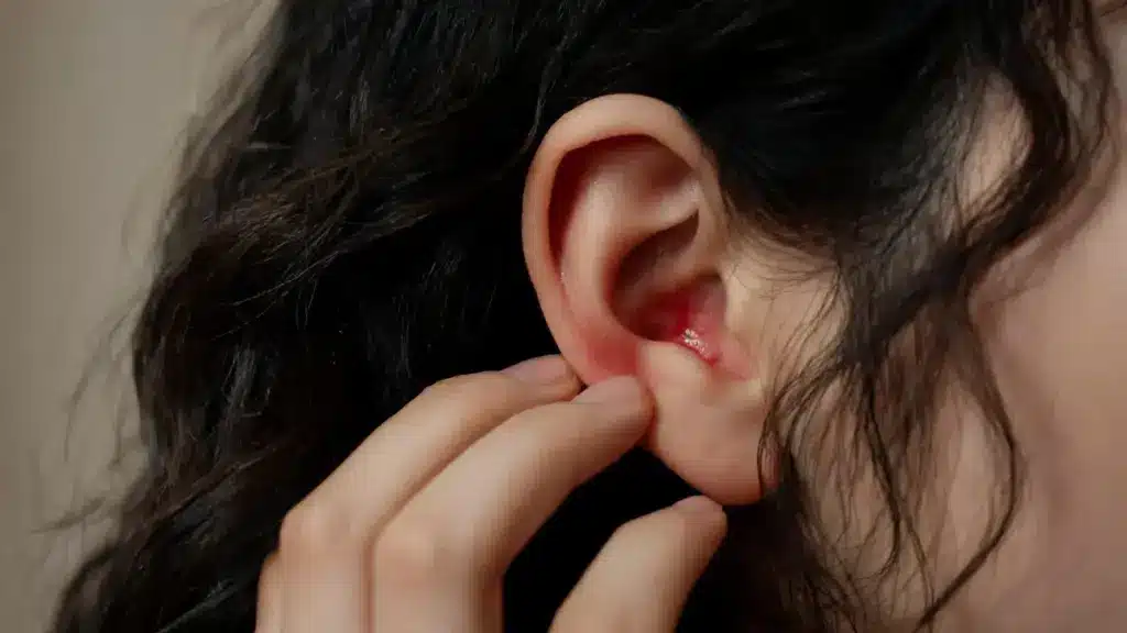 close up view of irritated ear skin with redness and dryness near the inner ear area