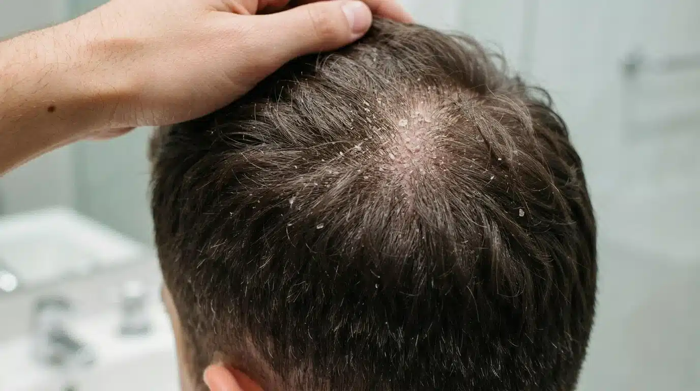 close up view of scalp buildup near hair roots with realistic oily texture and natural skin detail