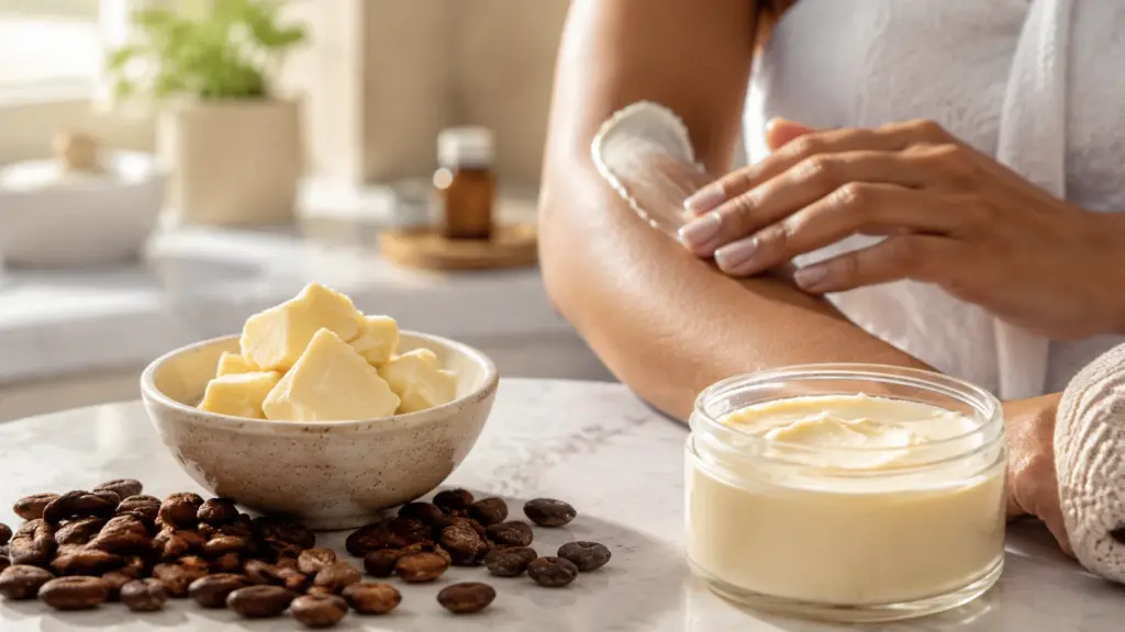 cocoa butter in a ceramic bowl beside cacao beans while a person applies moisturizer to dry skin