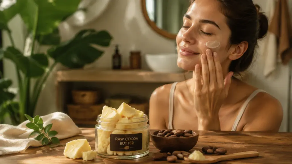 cocoa butter skincare jar with woman applying face moisturizer
