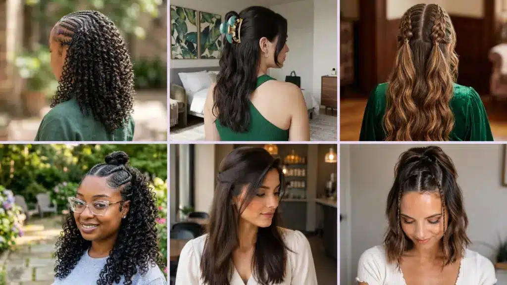 collage showing half up half down hairstyles with braids curls clips and different hair textures