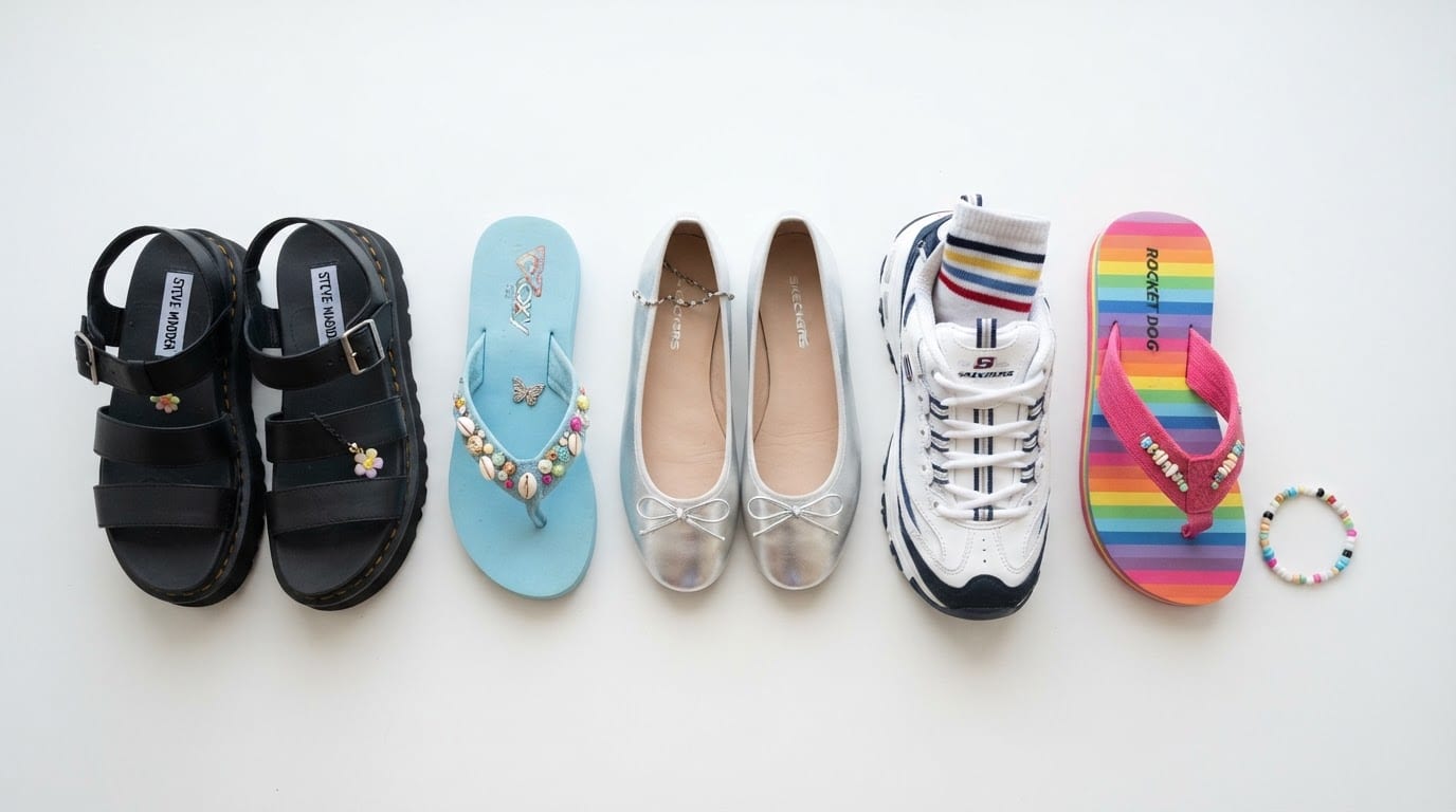 collection of y2k sandals flip flops ballet flats and sneakers arranged on a white background