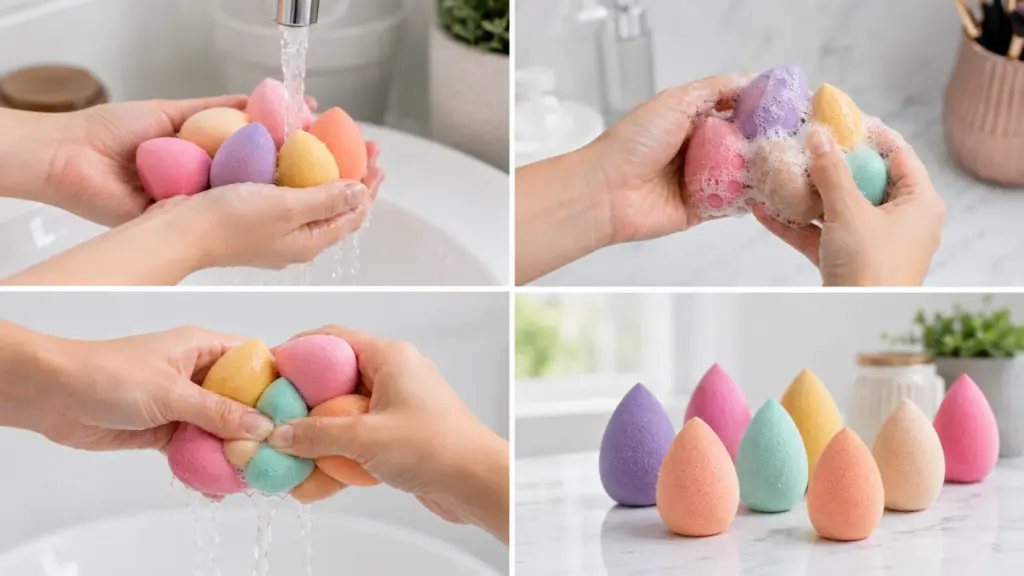 colorful makeup sponges being rinsed washed squeezed and air dried in four steps