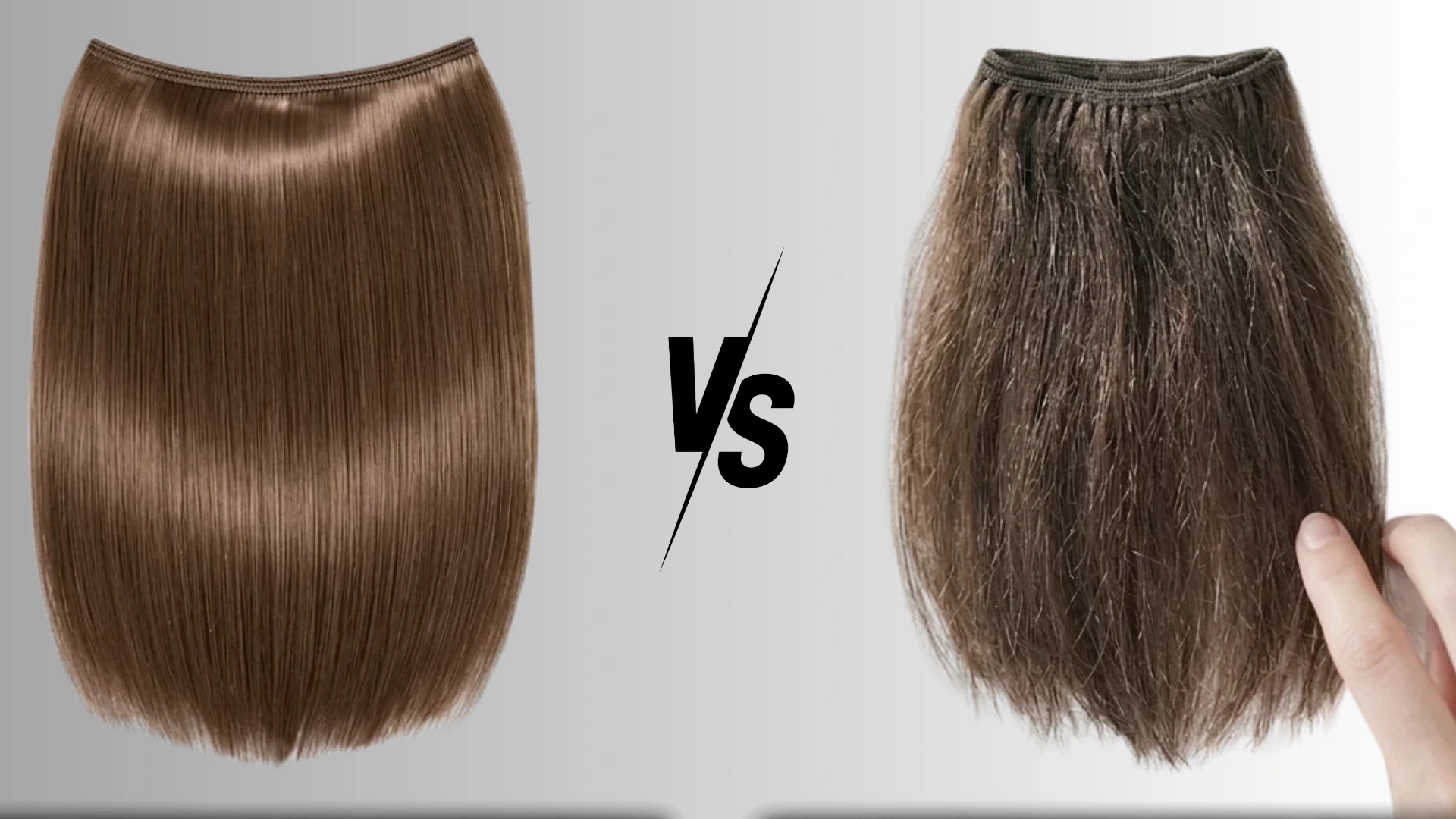 comparison of human hair and synthetic extensions blended with fine hair showing texture differences