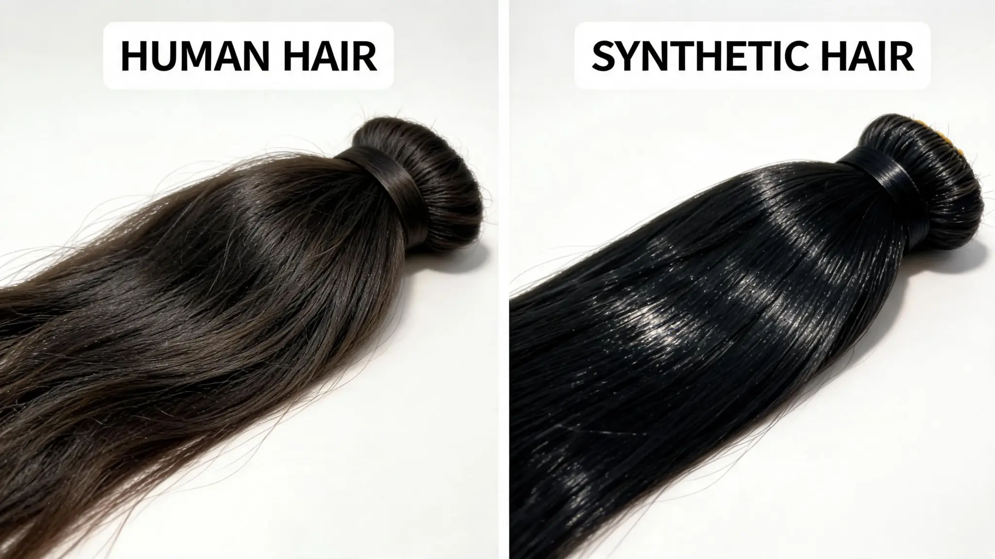 comparison showing human hair and synthetic hair extension textures side by side