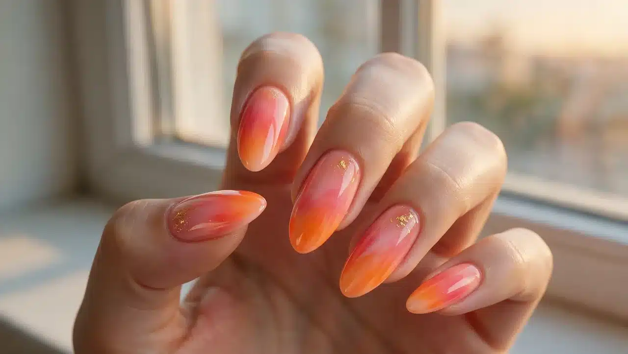 coral sunset gradient nails with warm pink orange color blend