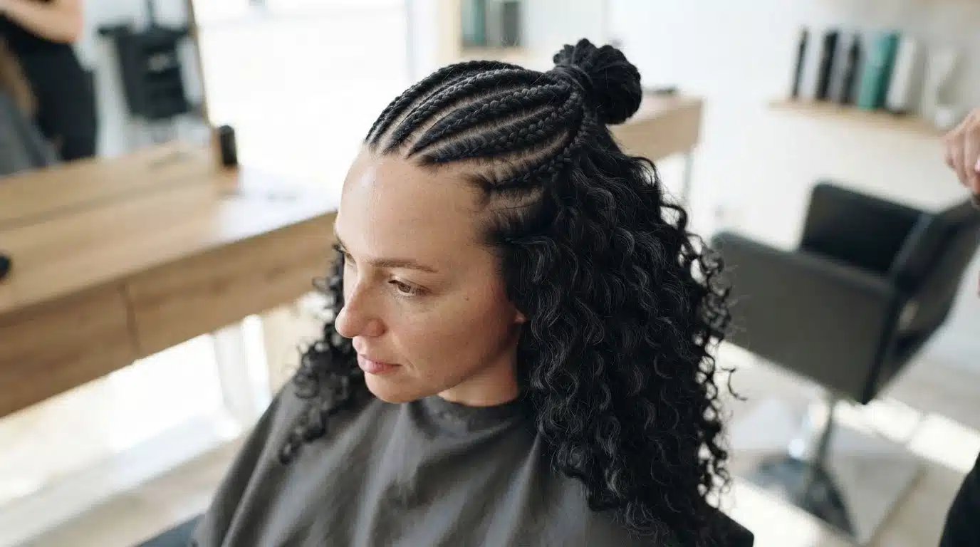 cornrow half up hairstyle with textured black hair in modern salon