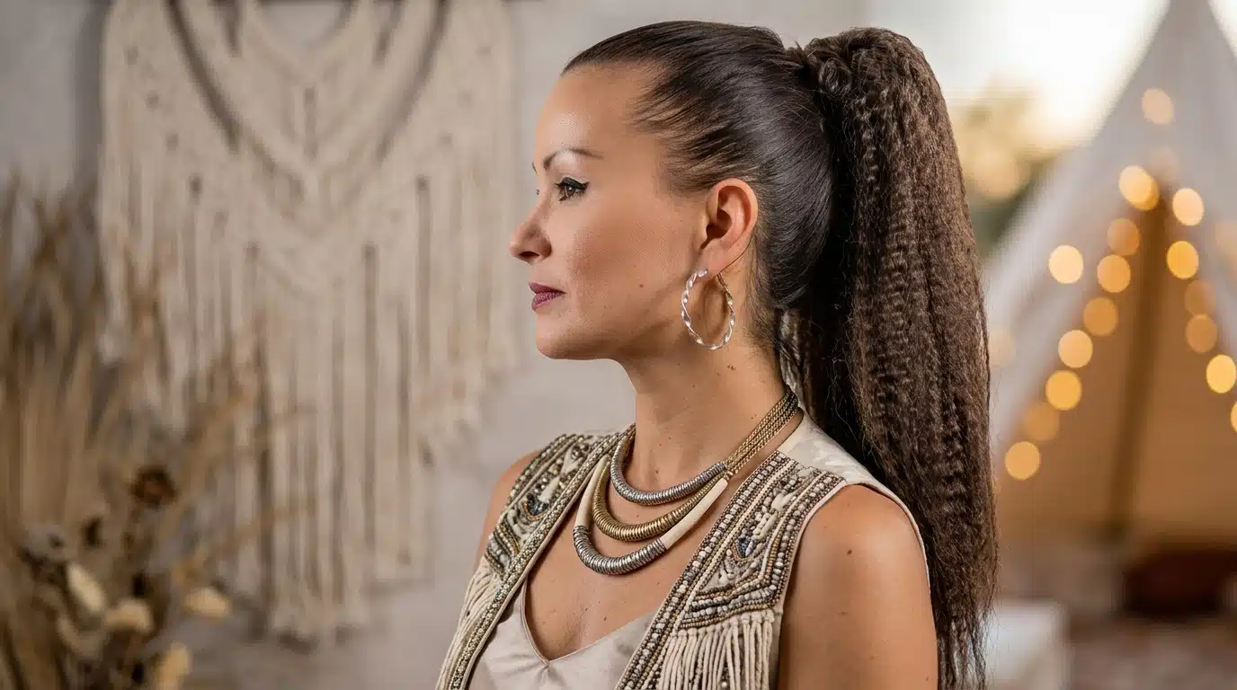 crimped ponytail hairstyle with textured waves and retro inspired finish