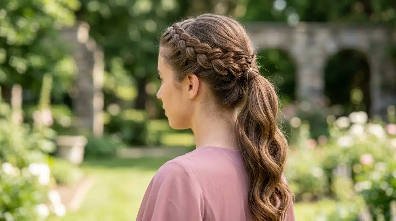 crown braid ponytail hairstyle with braid crossing the top into low pony