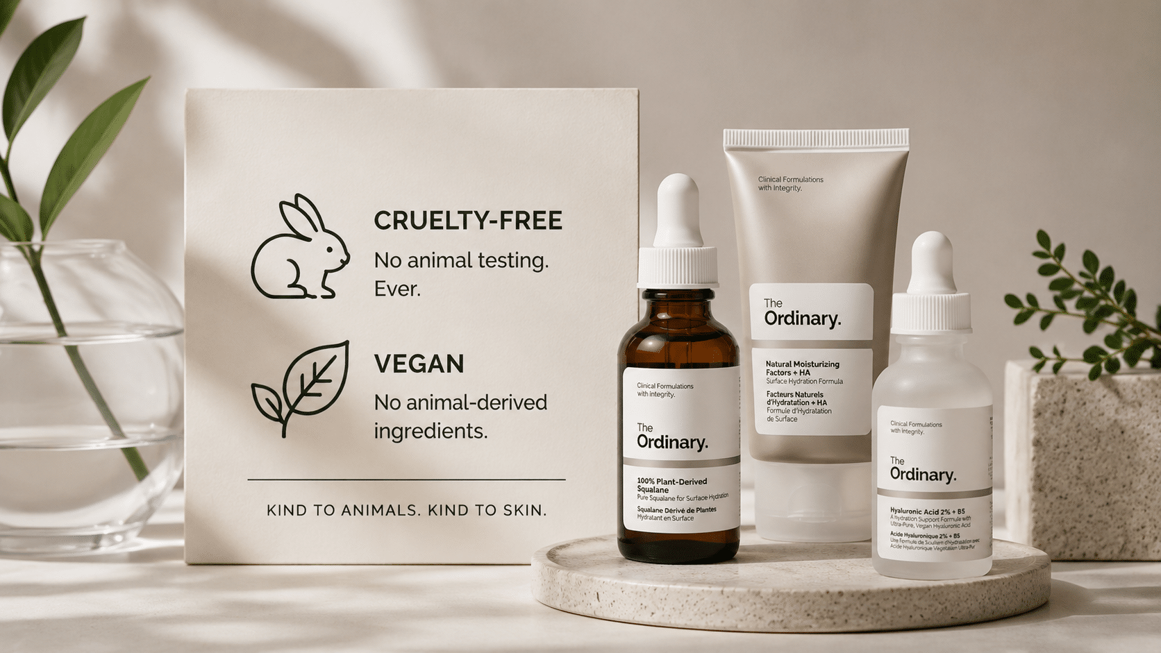 cruelty free and vegan the ordinary skincare products arranged with eco friendly beauty display