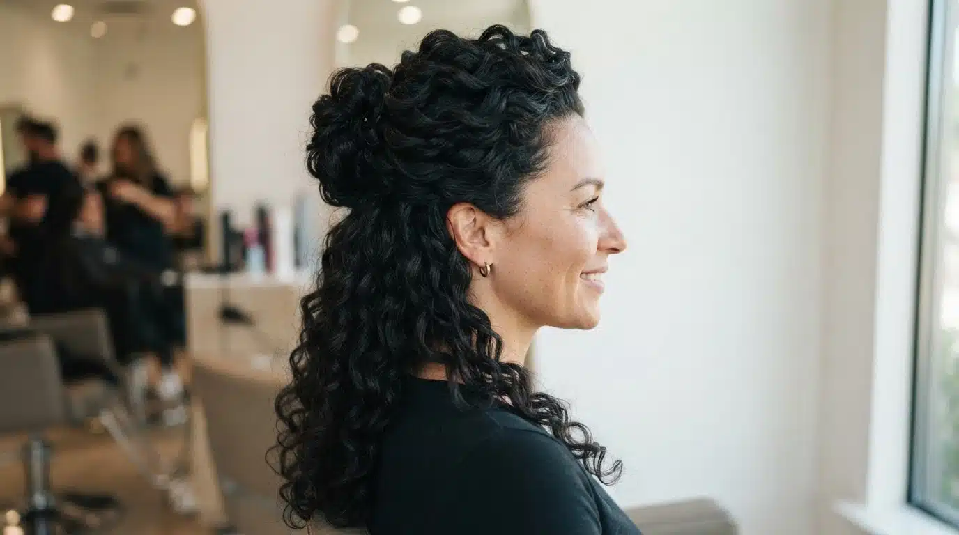 curly bun with loose black curls on white american woman salon