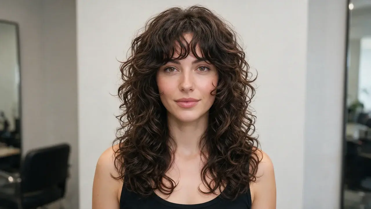 curly butterfly shag haircut with cascading layered curls and face framing pieces showing natural volume and movement