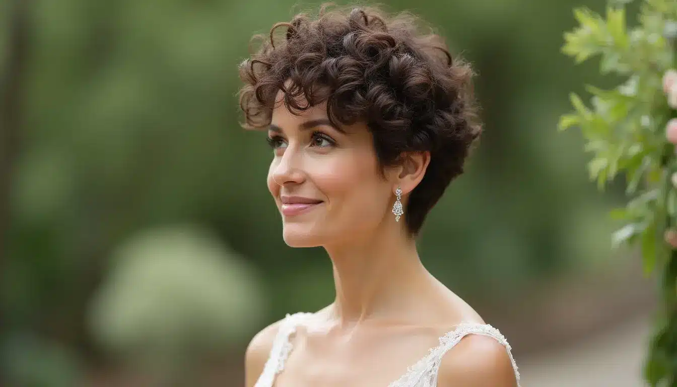 curly pixie bob haircut with natural curls and soft layers for wedding guest style