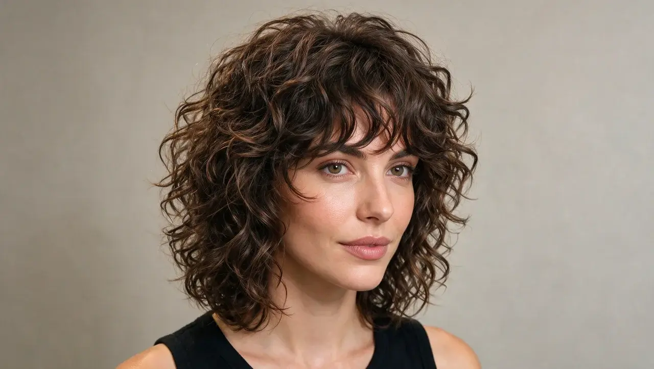 curly shag haircut with layered curls face framing pieces and natural volume showing textured movement and definition