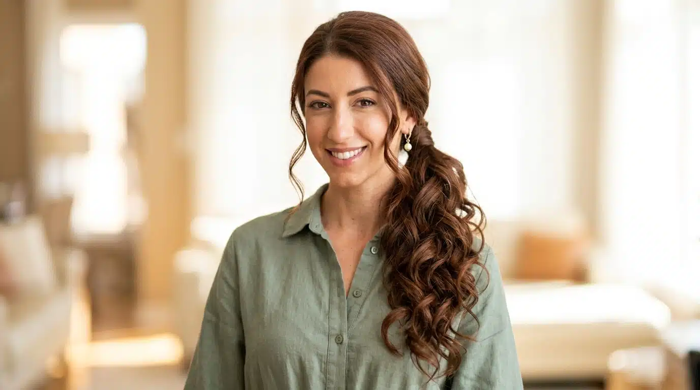 curly side ponytail hairstyle with defined curls and voluminous texture