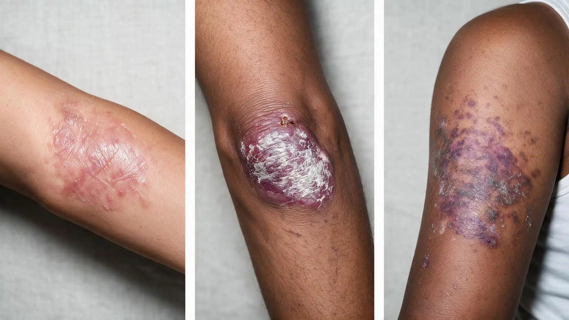 dark skin eczema and psoriasis with same background on a dark skinned hand