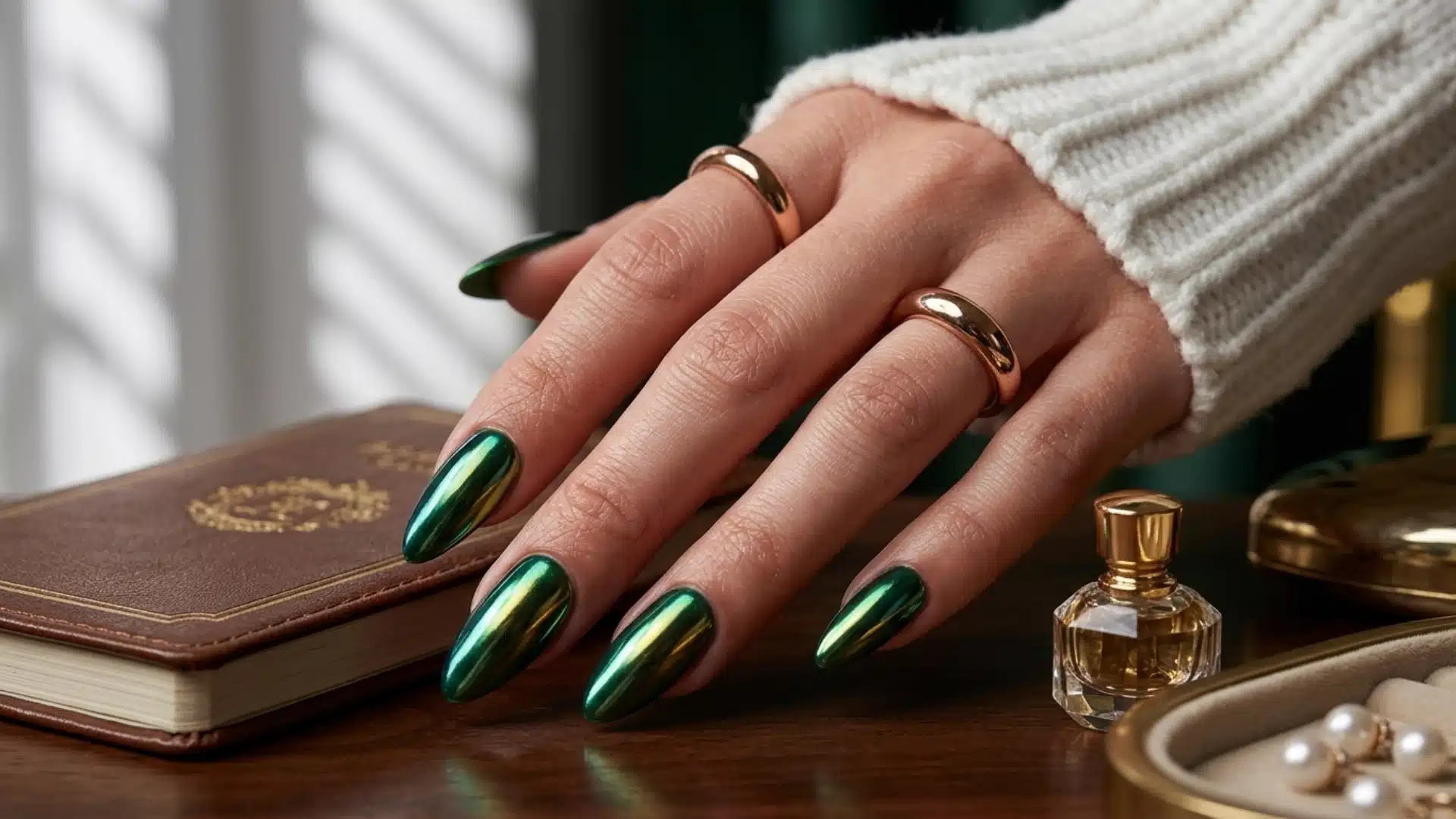 deep green chrome almond nails with metallic shine on hand beside perfume bottle and jewelry on table
