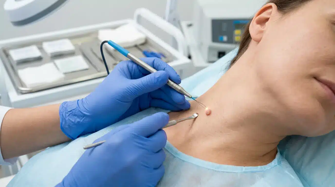 Dermatologist performing electrosurgery and curettage treatment on a neck wart using medical tools in clinic.