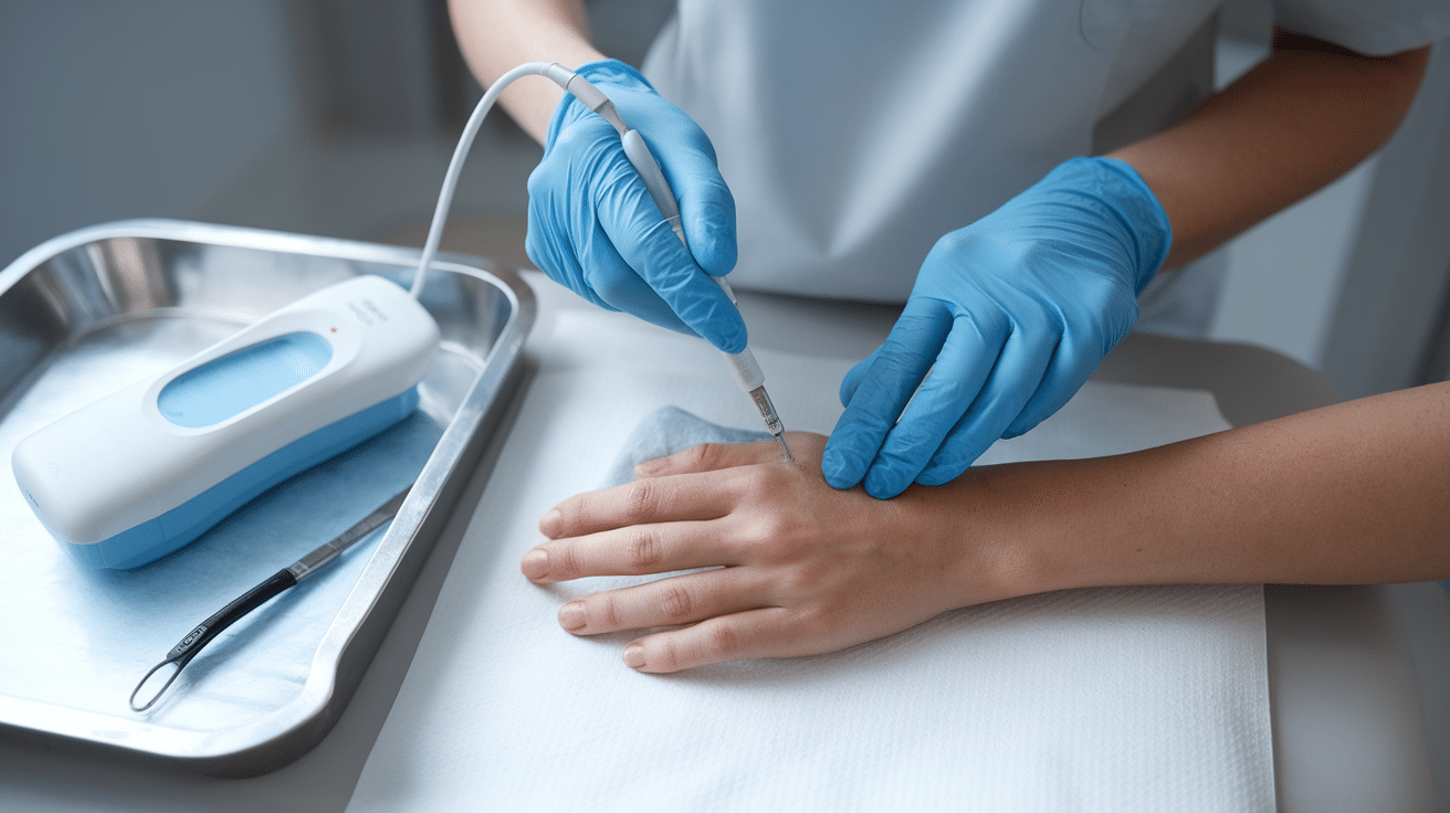 dermatologist treating a persistent wart on a patients hand using professional equipment in a clinic