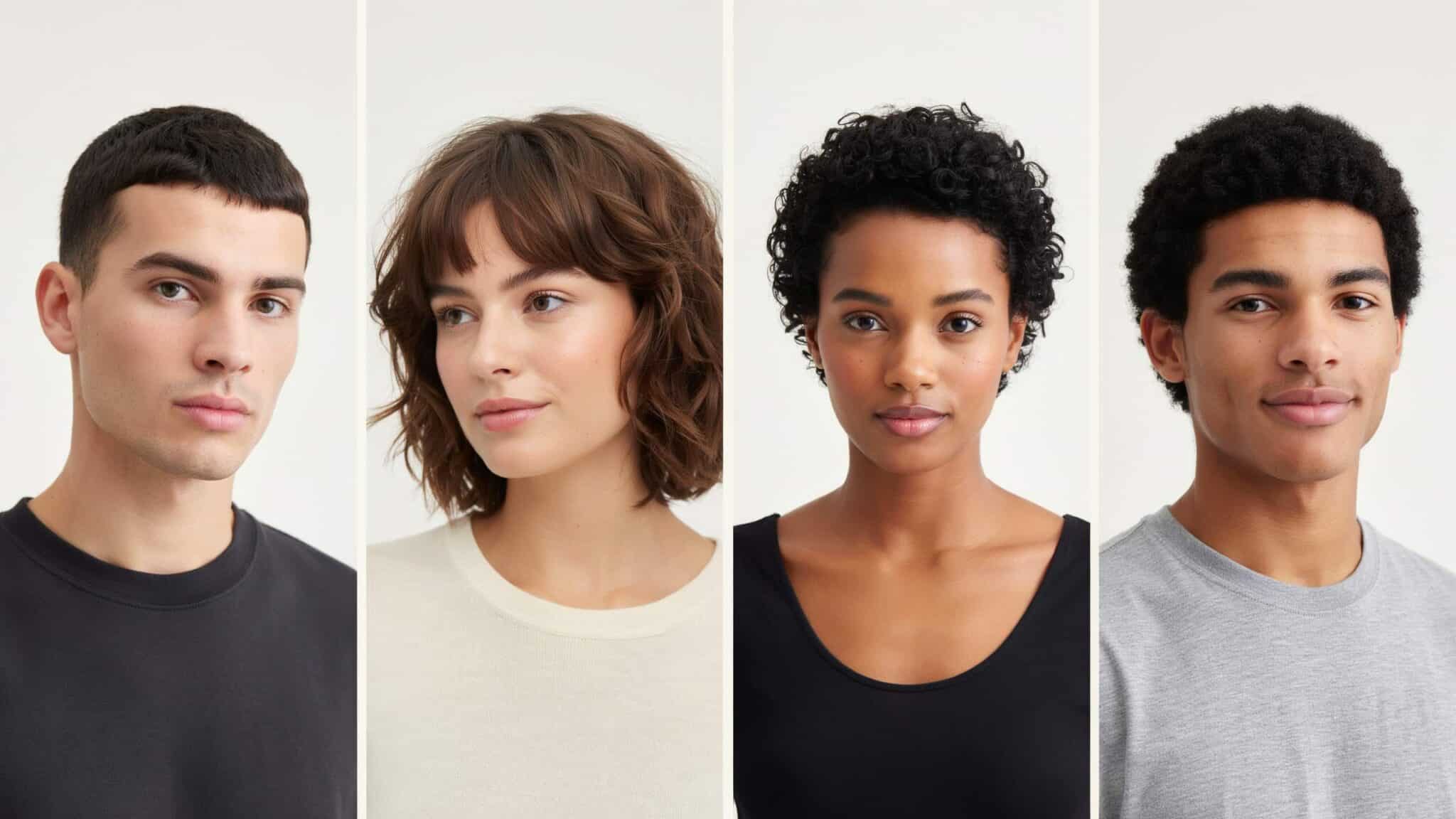 different short hairstyles showing how two inch hair looks across men and women