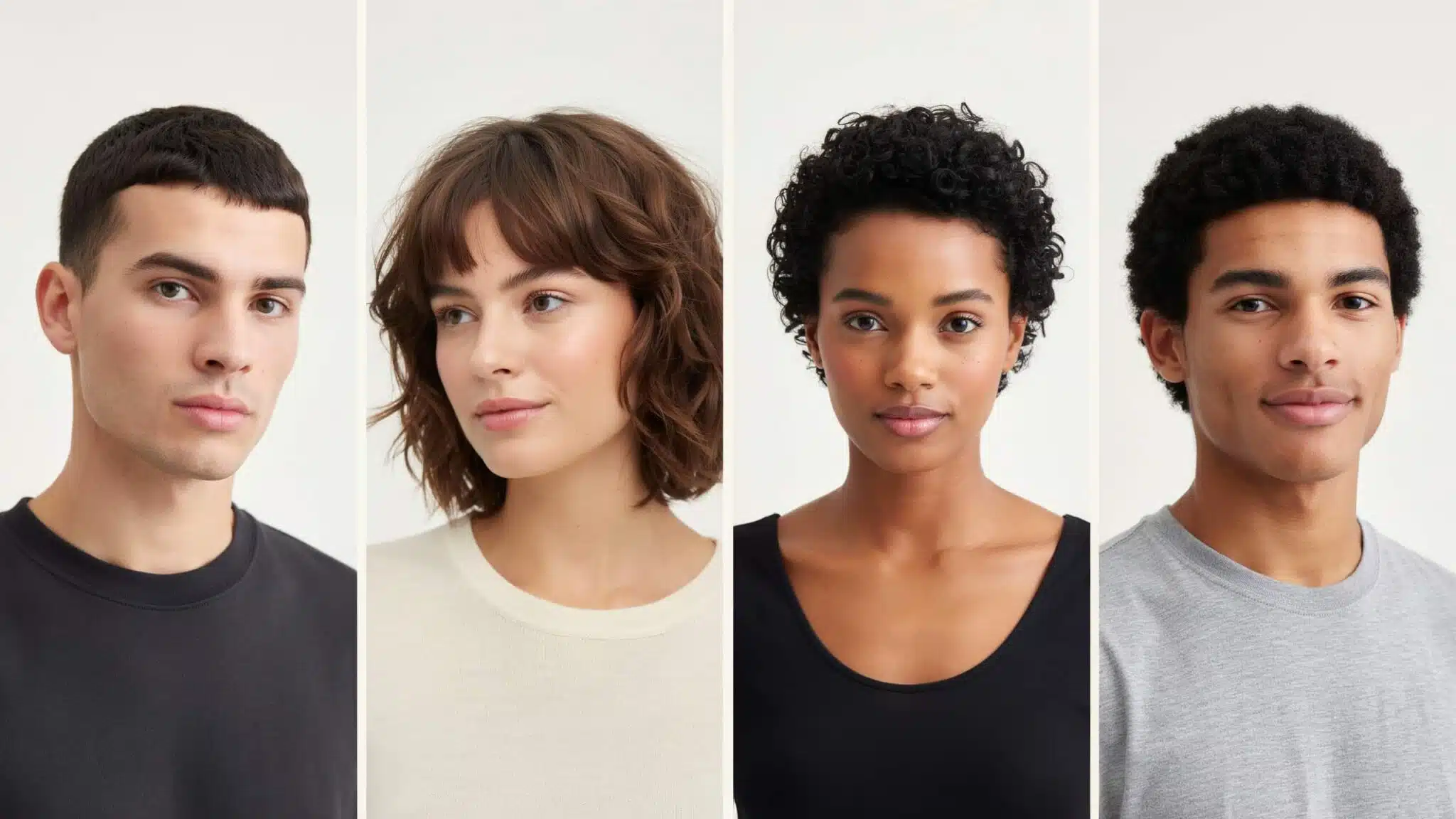 different short hairstyles showing how two inch hair looks across men and women