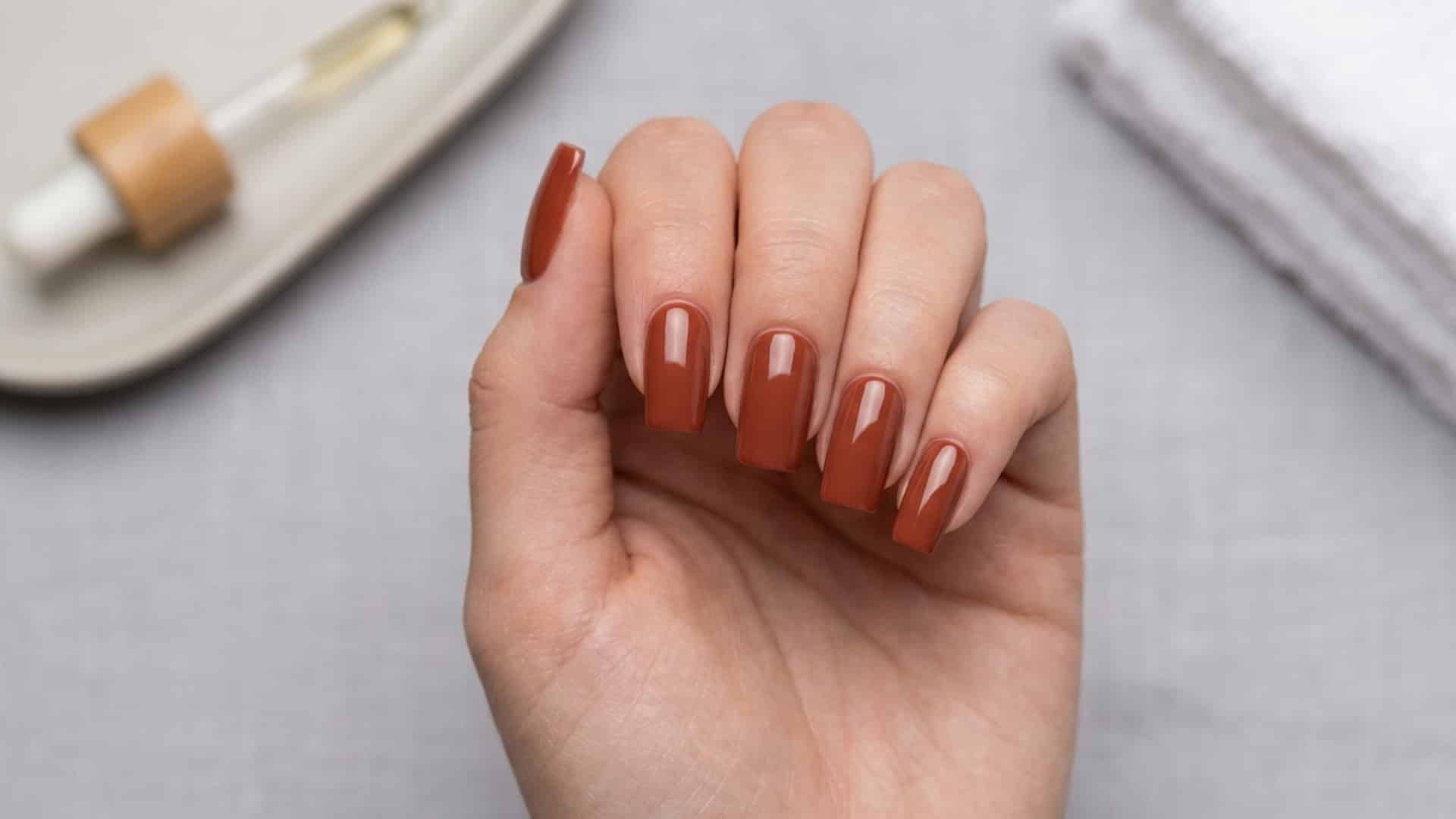 Dip Powder.jpg shows long, glossy square nails in a warm terracotta brown shade, next to a dropper bottle