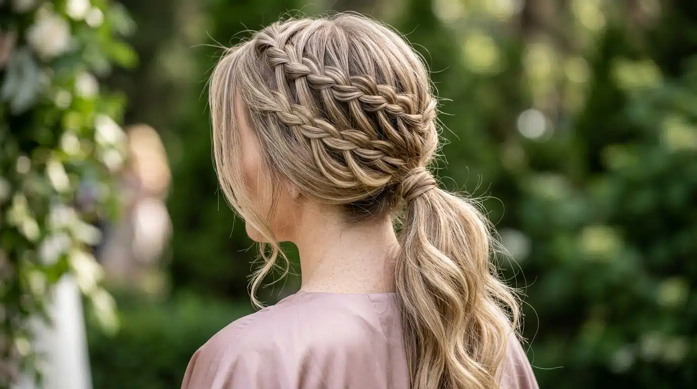 double waterfall ponytail hairstyle with layered twists and soft flowing hair strands