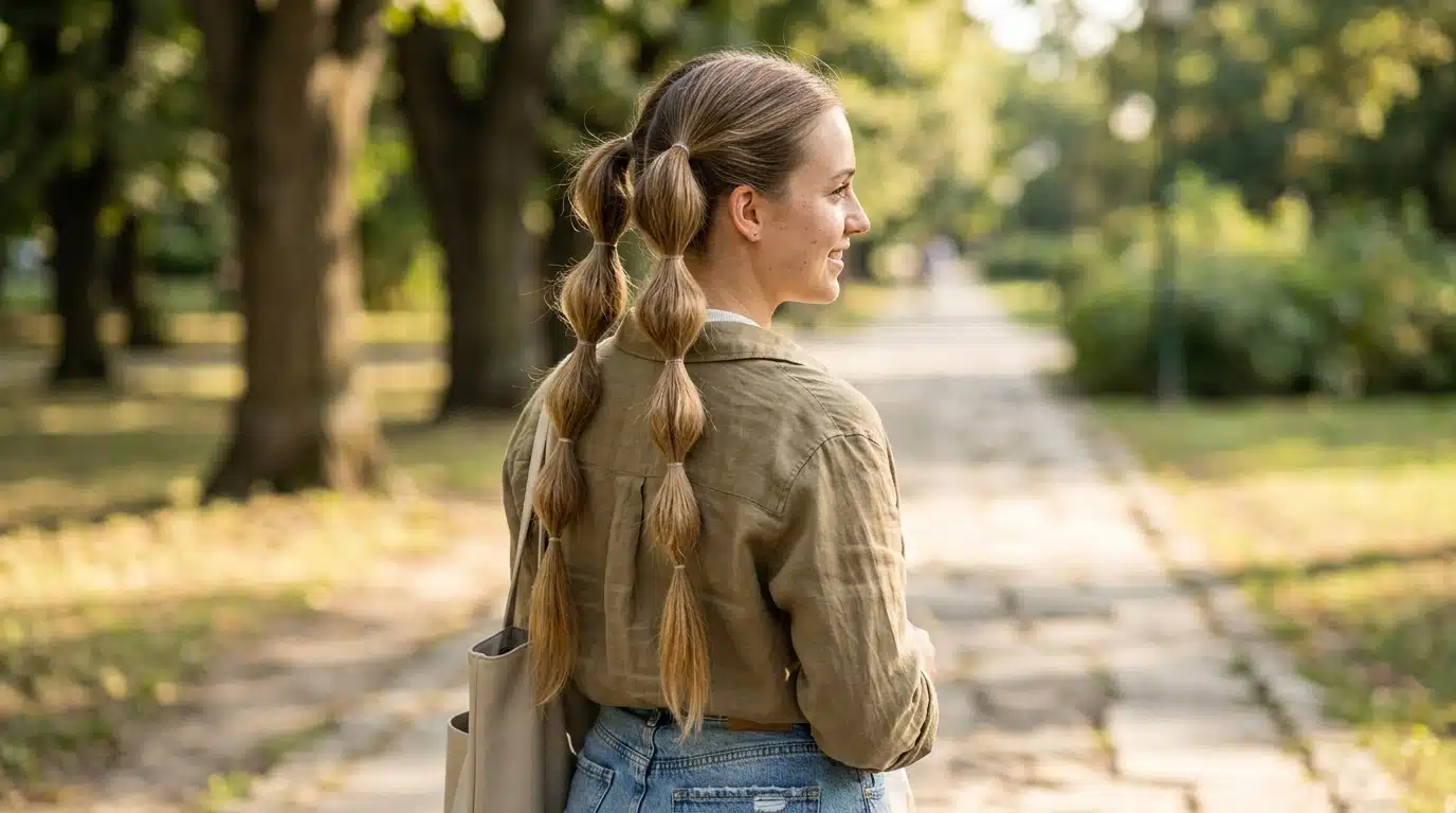 double bubble ponytail hairstyle with matching sections and playful hair texture