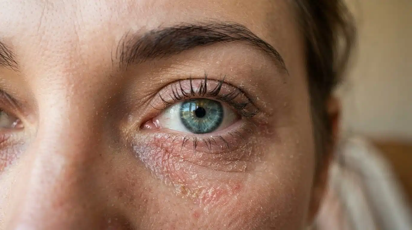 dry flaky eyelid skin with redness and visible irritation