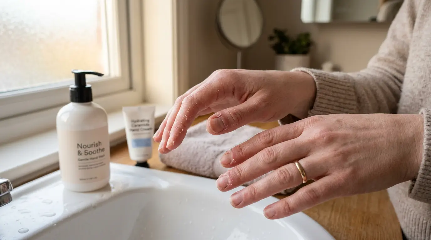dry peeling hands showing skin irritation from dryness hand washing and product exposure in a home setting