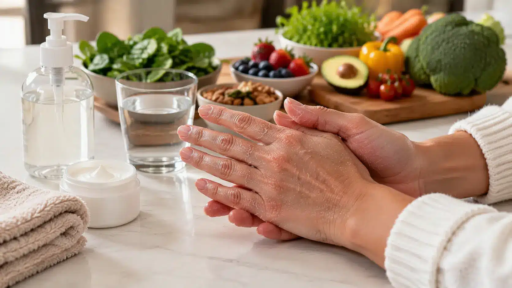 dry peeling hands with moisturizer towel water and healthy foods showing skin care and nutrition factors