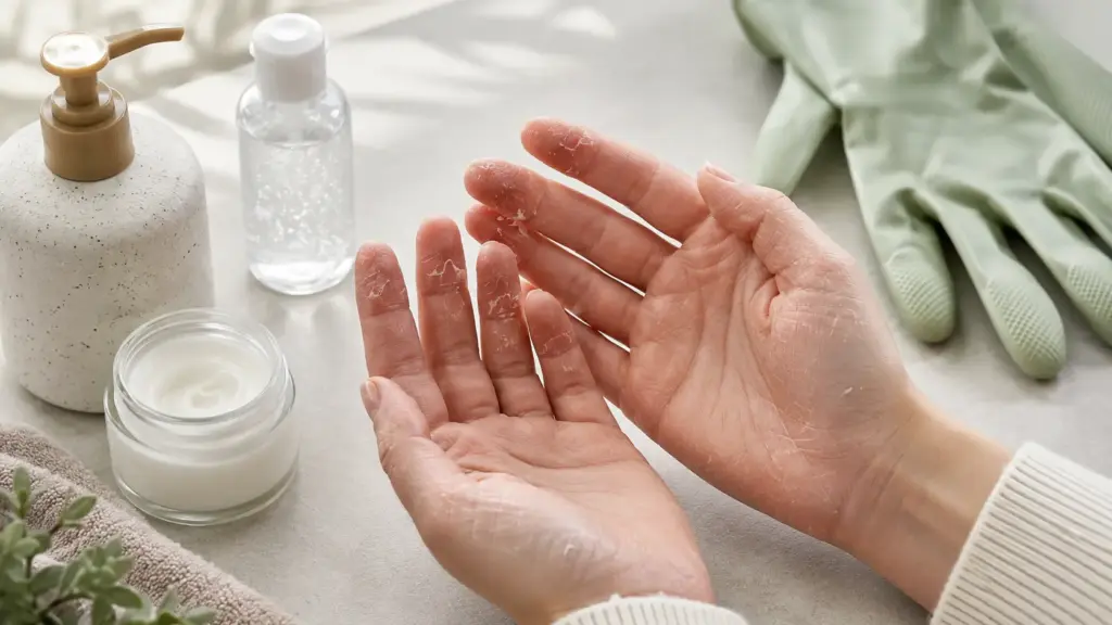 dry peeling hands with skincare products soap sanitizer and gloves showing causes and care for irritated skin