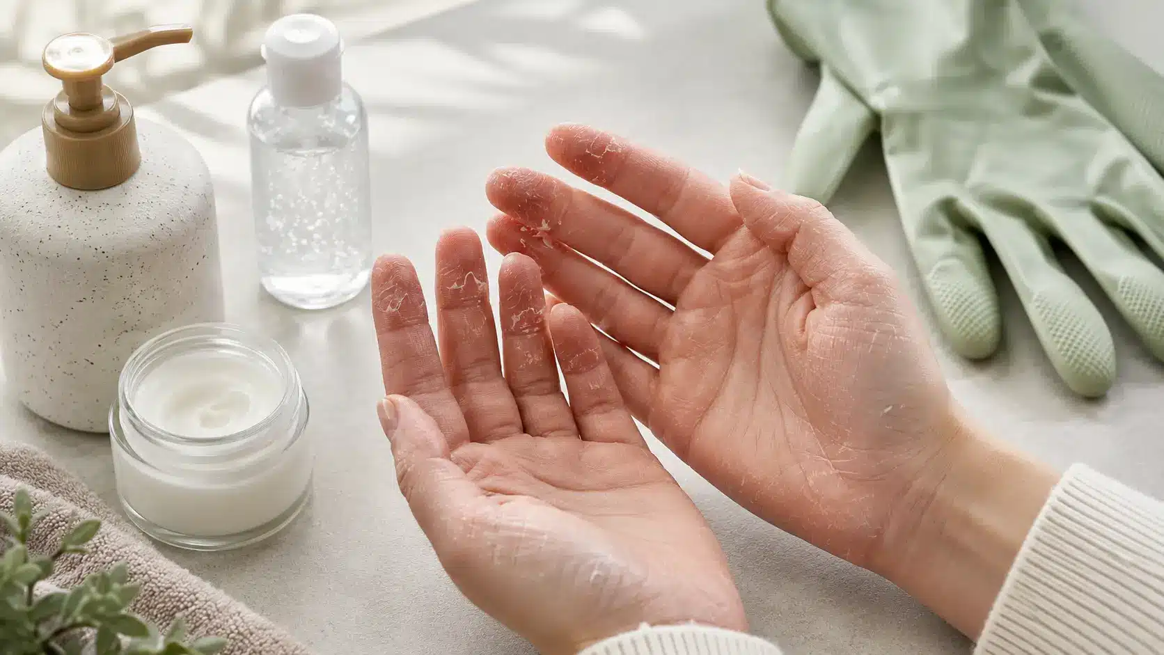 dry peeling hands with skincare products soap sanitizer and gloves showing causes and care for irritated skin
