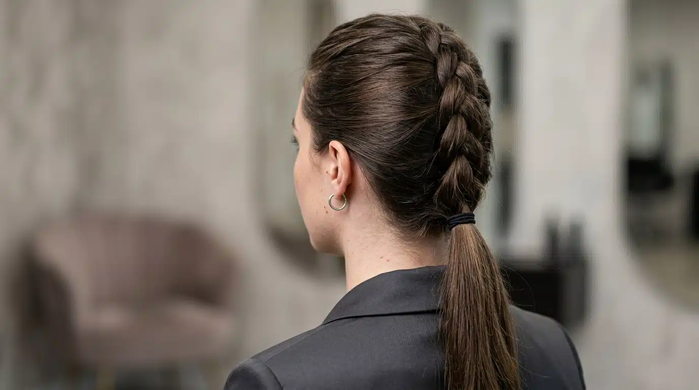 dutch braided ponytail hairstyle with raised scalp braid and flowing ponytail