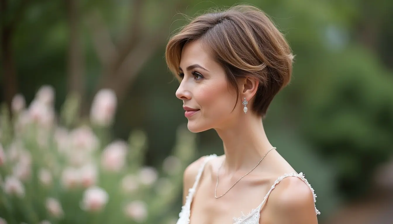 ear length pixie bob haircut with soft layers and natural texture for wedding guest style